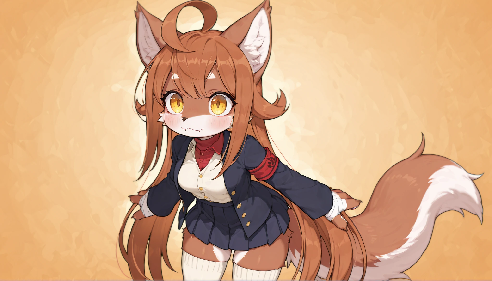 masterpiece,best quality,16k,solo,1girl,furry,furry female,kemono style,shortstack,young appearance,short female wolf,symmetrical face,round head,round chin,small fangs,big round eyes,yellow eyes,wolf animal ears (full brown),very long tail with white under fur,female wolf snout (small),female wolf body fur pattern,pale taupe brown hair,really big ahoge,very long hair,side locks,pale taupe brown fur,white underfur on arms and hands,full brown arms and hands,medium breasts,shortstack proportions,wearing (long black gakuran coat with gold buttons,red armband,cropped undershirt,short pleated skirt,knee-high socks,school loafers,bandages on arm,rebellious school uniform style)