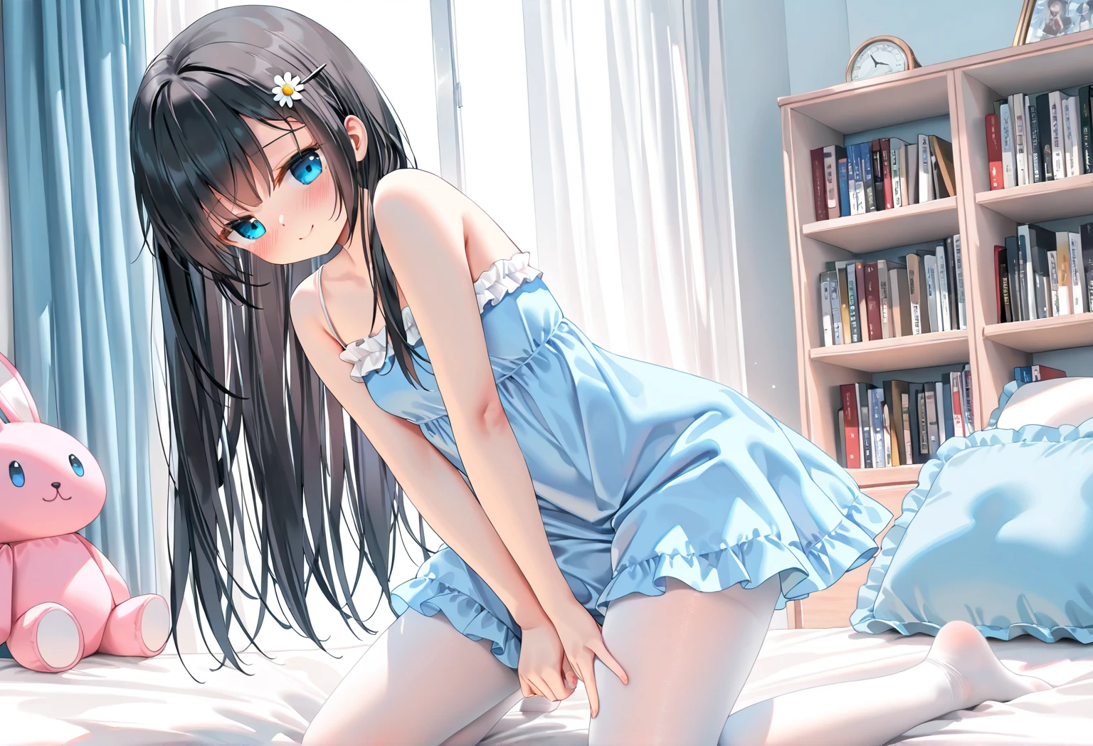 8 years old girl　White Dress　Summer Park　On the bench　Sitting　Raising legs　White panties are visible　frontage
