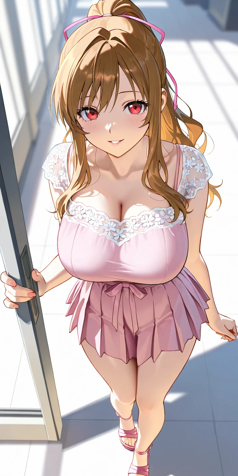 Highest quality、Droopy eyes、Light brown hair、Wavy curly long hair、Down Bangs、(Clothed Big Tits)、((Tall with broad shoulders))、Sleeveless blouse、(((Pink Nails)))、smile、Sexy lips、high school girl、Earrings、necklace、ring、Long skirt