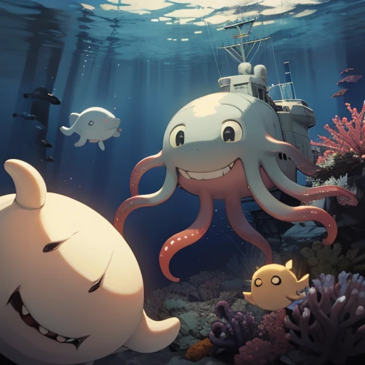 sleeve cape, boys and girls, manga style, beachfront, bikinis, having fun at sea, perspective from below, voleyball na beachfront, a giant octopus appears in the sea