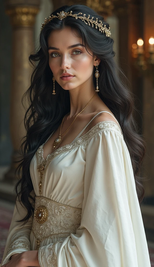 snow-white skin, jet black long hair, sea blue eyes, graceful gold earrings, young woman, extraordinary beauty, slightly reddened cheeks, Antiquity, Kleidungsstil der Antiquity, slightly muscular, anime style