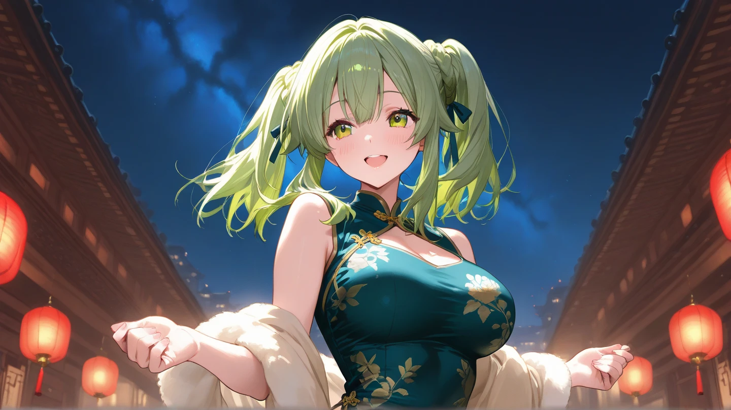 (Unity 16K Wallpaper, Masterpiece, Best Quality, Ultra-Detailed, Extremely Detailed CG, Caustics, Cinematic Lighting, Detailed, Beautiful Detailed Eyes, NSFW:2.0, 1girl, Curby,), Ultra High Resolution, fine skin, (cute: 1.2), (girl), (30 years old), ((simple chinese clothes:1.2)), ((writing on fine background, saturated, strong light, Chinatown)), tights, double bun, red eyes, green hair