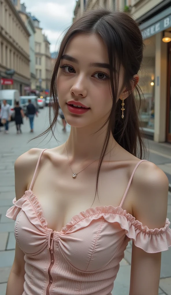 high resolution、high-level image quality, 8k, masterpiece, RAW photo, best quality, photorealistic, ultra realistic, extremely detailed CG unity 8k wallpaper, Depth of field, Cinematic Light, Lens Flare, Ray tracing, (extremely beautiful face, beautiful lips, beautiful eyes), the chest half visible、very Beautiful breasts are half out、 intricate detail face, ((ultra detailed skin)) 1girl, pretty arabian girl, in the dark, deep shadow, small breastlack hair))), (ponytail), 1 girl, (very slim slender fit-muscled body:1.3), ((looking at viewer)),(big smile:1.3), (naked), (fashion city night, (neon sign), (big building), fashion street night),(no people), (without people in the background:1.3), beautiful earrings, clear eyes, (pale skin), (big eye) face forward, (black hairs),((long ponytail)), (looking at viewer:1.3),beautiful earrings, bracelets, necklace, clear eyes, walking , front shot, (pale skin), (big eye, face forward, (upper body shot), ((naked)), open navel, (looking at viewer:1.3) very slim, small breasts, medium butt, arabian face