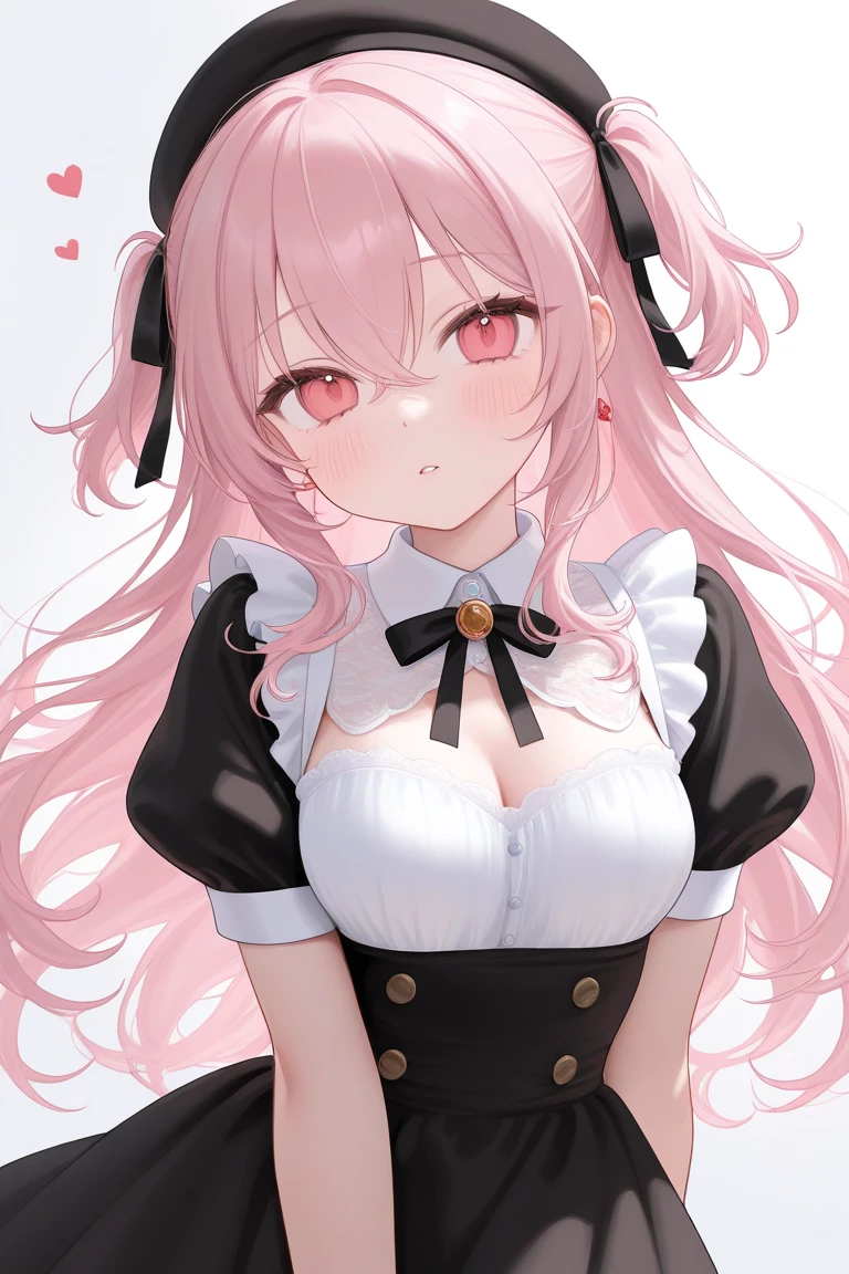 pink hair、twin tails、red、Maid clothes、big breasts、rabbit ears、ribbon、upward glance、red面、Sweat、heart、background white