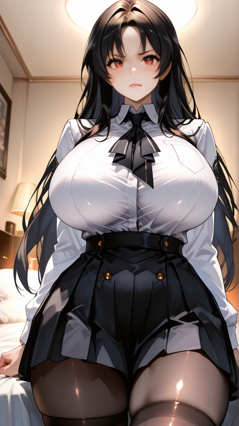 Italian girl, very long loose black hair, super mega gigantic breasts, unbuttoned white shirt, black lace bra, black pleated miniskirt, elegant shoes, slave collar, breasts tied together, thin