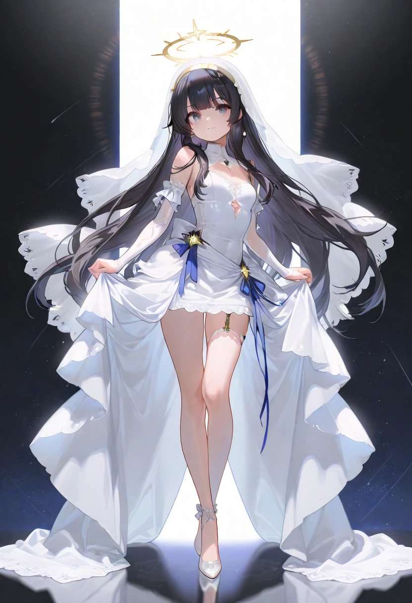 anime girl with long black hair and white dress, big boobs, high resolution, night sky background, cute, nice curves