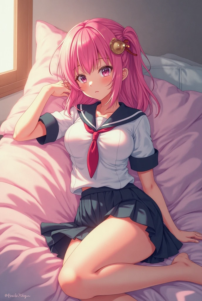 1girl in, Solo, Perfect body, (Super Detail:1.1), (Best Quality:1.1), Cute Girl, (gals:1.5), (large full breasts:0.8), (NSFW:0.5), Pink hair, straight haired, School Uniform, cardigan, cleavage, (heterochromia:1.1), (loosesocks:1.2), radiant eyes, a miniskirt, (Hotel room at night:1.1), Sitting in bed, Seductive smile,(a closed mouth:1.2),