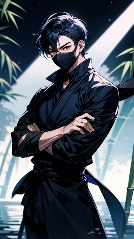 1boy,20s,blue eyes,solo,short hair,(black leopard tail),white hair,white leopard ears,((black mask)),(black ninja outfit),(standing in a road in night city),night,cowboy shot,