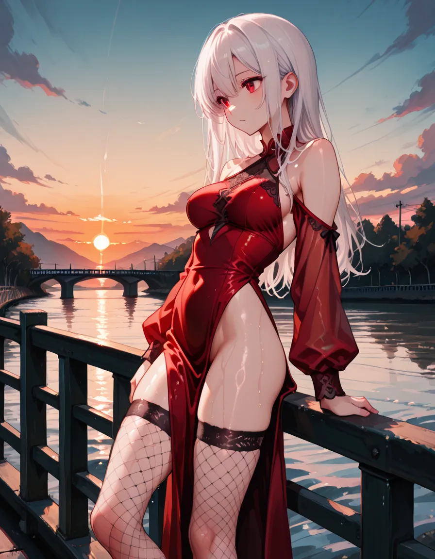masterpiece, best quality, shadows, dynamic angle, front body orientation, perfect hands, perfect legs, perfect anatomy, pretty face, mature features, 1 girl, 21 years old, mature woman, sexy red dress, city night background, white long hair, thighs, ass, breast, seductive, spicy, posing, cinematography lights,