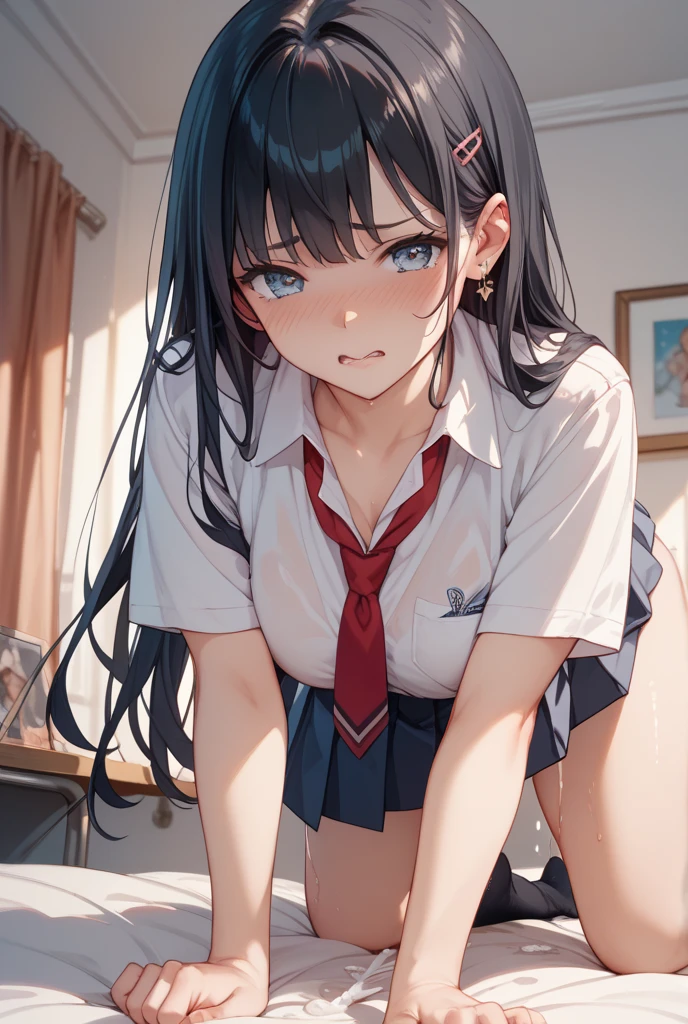 8k, A masterpiece of softcore pornography shot by Kishin Shinoyama, Bast quality,big, RAW Photos, (Ultra-thin contour lines), (1 girl), anime girl, Highlight Eye, Shiny hair, Professional Lighting, (Glowing Skin: 1.2), shiny big, ((Highest quality)), Sharp focus: 1.2, Highly detailed face and skin texture, fine grain, Perfect Face, Perfect body, Blur Art, CG, background, milk, in front (16 years old, Cool and beautiful girl face), wear ((School uniform)), thigh), blush, (Porn Cosplayer), (Camel Toe, White panties), Gravure idol style panty flashing, She pulled up her skirt to avoid the heat...、I sat on the desk with my knees raised....。., My favorite girl, Browsing Caution, Focus on the crotch