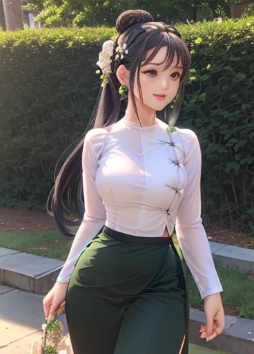 A woman standing in a fresh green forest, knit cut-and-sew, flared skirt, beautiful face that anyone can see, long black hair, leaning against a tree, twilight, artistic atmosphere, mysterious appearance, full of kindness, charm. woman,