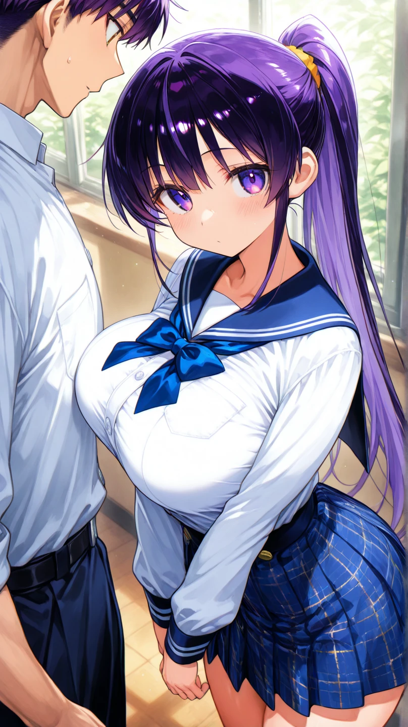 oboro、Medium Hair、Reddish purple hair、Super huge breasts、、Huge breasts、Wet Skin、Dripping Sweat、See-through、Blowjob、smile、Sailor suit、、whole body、classroom