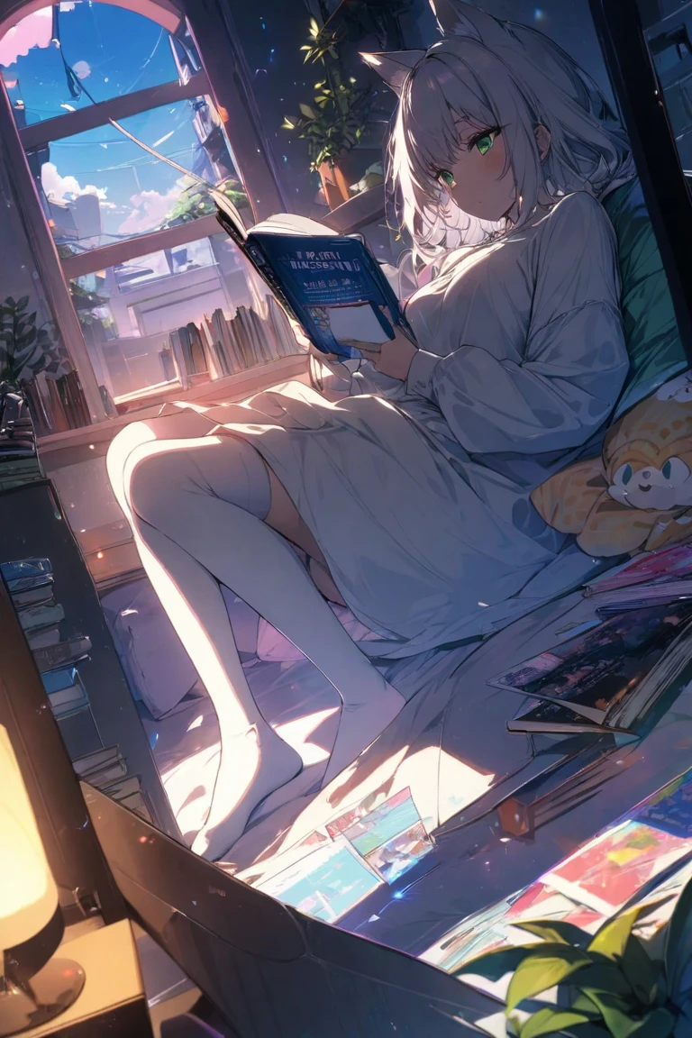 masterpiece, highest quality, very detailed, detailed background, detailed face, Blake 1 Girl, alone, Cozy scene, Satisfactory expression, mint rock, deep blue eyes, relaxed twin tails, Comfortable celebration, Tea in hand, Homemade cake slices, Warm blanket, reading corner, Bookshelf background, Quiet joy, A quiet day, Break Leisurely pause, Turn the page, Favorite book, Reflexive smile, peaceful atmosphere, calm atmosphere, Cozy details, Authentic charm, Break Casual clothing, oversized sweater, leggings, socks, Cozy fashion, Anthropomorphic comfort, Friendly style,