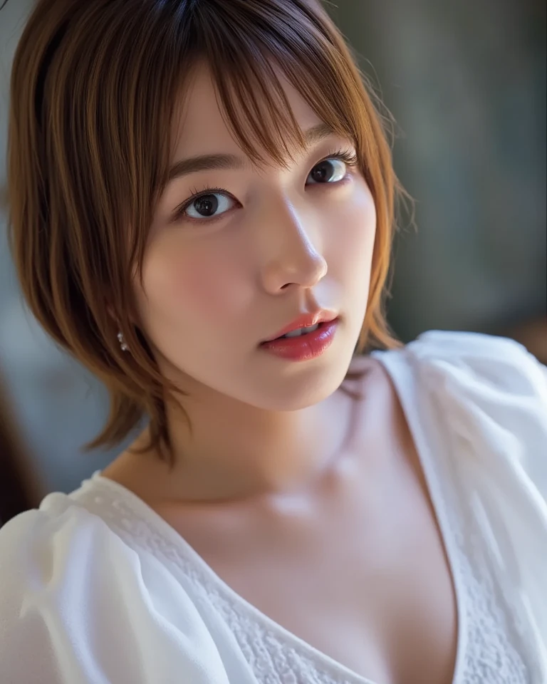  Brown-haired woman 30 years old、unclean、Lens flare、(8K、born、professional、highest quality、masterpiece:1.2)、(realistic、Photoreal:1.37)、super detailed、(best detailed skins:1.2)、(Supreme Detail Face:1.2)、movie lighting、1 female、Japanese、Short-cut brown hair、(the wind is strong)、warm white light、shy smile、Photographed from the front、((highest quality、8K、masterpiece:1.3))、beautiful woman with perfect figure:1.4、、((dark brown hair、big breasts:1.2))、Highly detailed face and skin texture、detailed eye、double eyelid、big breasts、gender　Wearing a plain white round neck T-shirt　Tokyo city　whole photo　Cafe