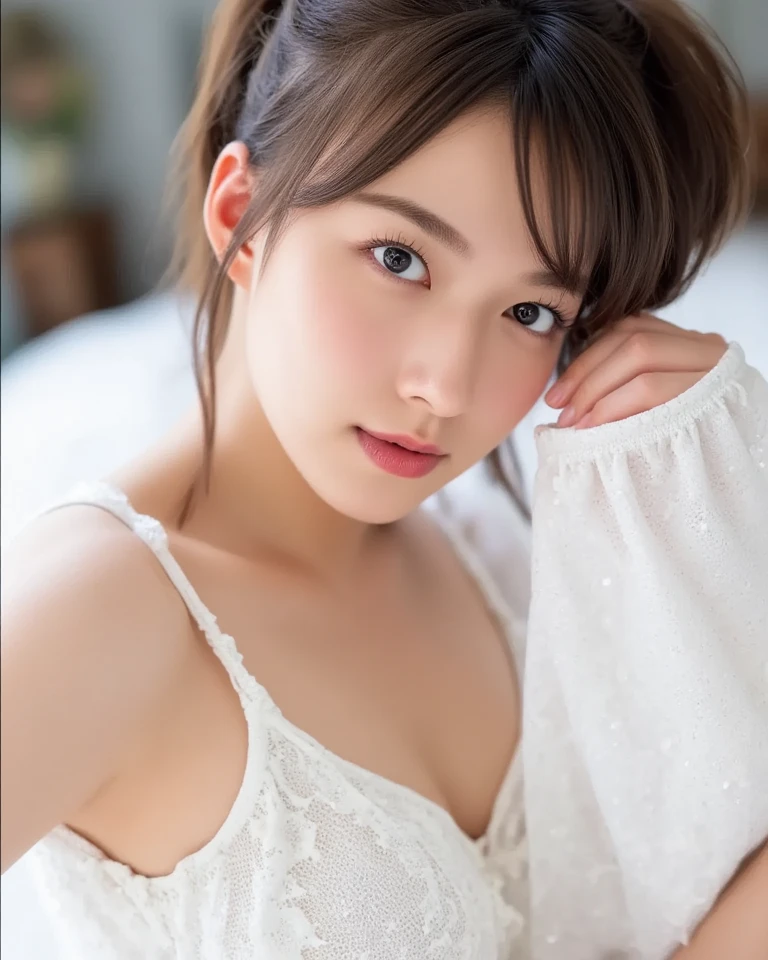 Masterpiece、highest quality、8K，Ultra-high resolution、RAW Photos、UHD、日本people、beautiful girl、１people、woman, (Flower Hair Ornaments,Braided top knot,Twisted Side Part Ponytail Braided Headband,Half Up、Braided Space Van,Voluminous fishtail braid,Twisted pan),(Asymmetrical bangs)、 (Ultra Realistic),round face、 Fine and beautiful eyes, Lifted eyes、Big eyes、(Blue right eye:1.4)、(Red left eye:1.4)、double eyelid、Thin eyebrows、Red around the eyes、Dolly Makeup、Thin lips, Pastel colored tight blouse、Knitted micro mini skirt, A kind smile, (Realistic, photo-Realistic:1.37), Professional photography, Cinematic Light, (Very beautiful face: 1.2),Very large breasts、Cleavage、Voluptuous thighs、Pictured from head to knee