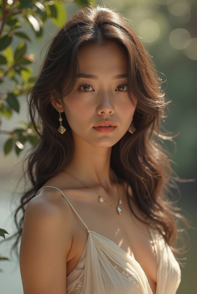 1girl, alone, solitary, high quality, (best quality,4k,8k,highres,masterpiece:1.2),ultra-detailed,(realistic,photorealistic,photo-realistic:1.37),gorgeous hair,dark hair,long straight hair with bangs,puffy eyes,mole on the cheek,plump lips,jewelry,(high detailed skin:1.4),(rim lighting:1.3),(lit:1.3),(sunny day:1.3),portrait,beautiful lips,waist-length hair,seductive gaze,moles,sundress,dress,short dress,close up