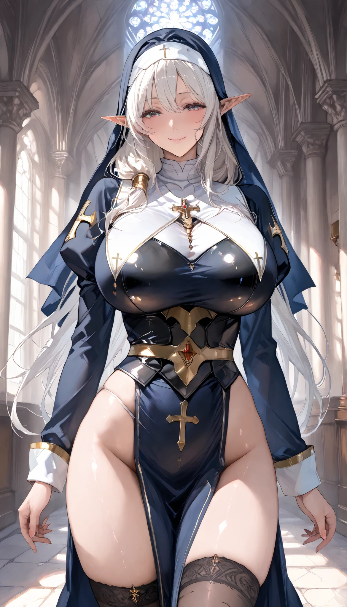 SOLO, A Female Dark Elf,Mature flavor, Perfect body,Huge Oppai,White long hair,Wearing A Black Nun Armor, In the classical Garden,Open Pose,Light smile,UHD, anatomically correct, masterpiece, textured skin, high details, highres, 1080P, 16k, accurate, Beautiful face, Perfect face, Highly detailed beautiful face and eyes, Attractive face, Detailed face, Delicate facial features, Detailed skin,(((hbig bosom)))