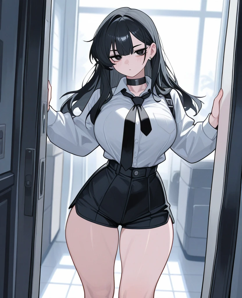 18-year-old girl，cute，Wear a white long-sleeved shirt and a black jacket and a black work tie，Wear black trousers，Wear black booties，Wear white gloves，wear cat ear，Wearing a collar，Black hair，Black eyes，Very thin waist，Very thin legs，Handsome，Disdainful and cold expression，shy，blush，scared，Sweating，tired，Outflow semen，Is giving sexual assault，crying，porn action