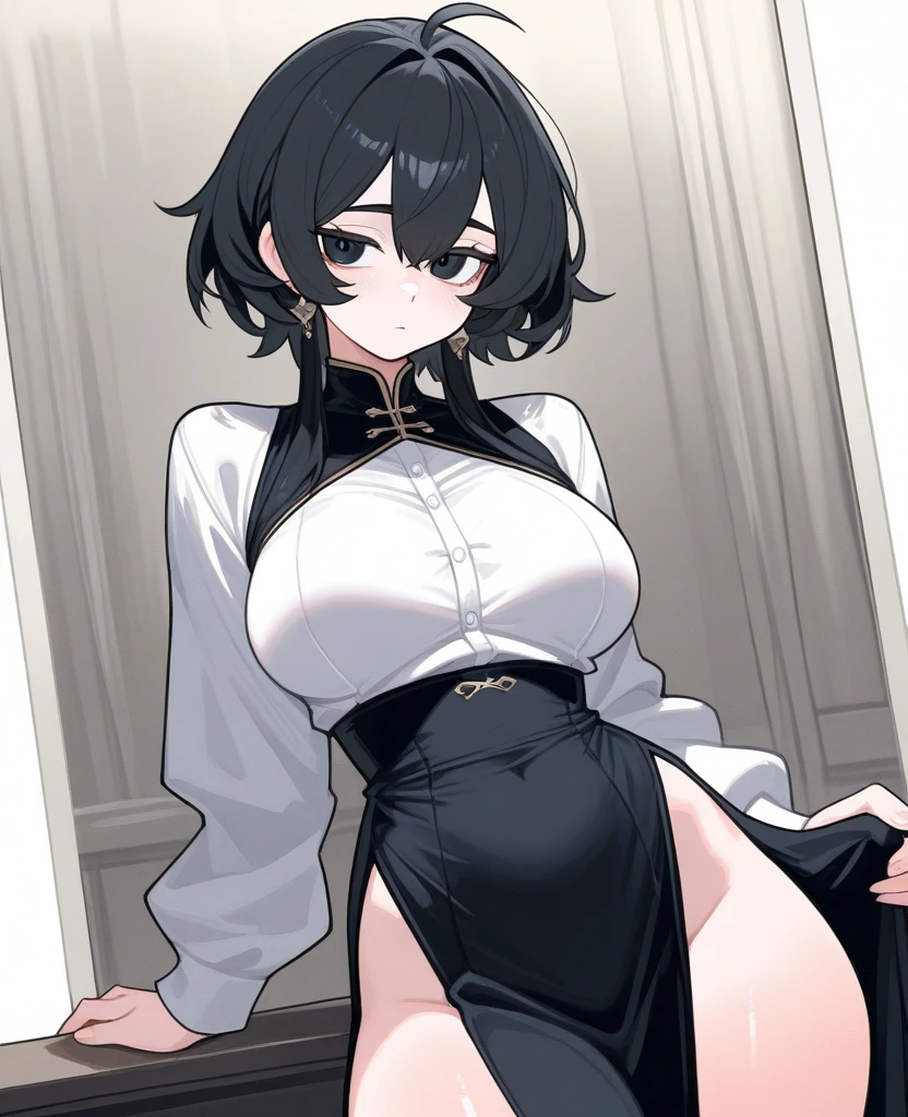 (best quality), 8k, masterpiece, Professional Photography, (expressive eyes), (ice blue eyes), leopard girl, golden skin, (black lipstick), (snipped haircut), (black hair), black ears,
BREAK,
(eyeshadow),
BREAK,
((white shirt and small-sized latex corset over the skirt)), (((cleavage))), pokies,
BREAK,
((oily shiny pantyhose)), heels, full body, hands on head
BREAK,
(((grey wool pleated skirt))),
