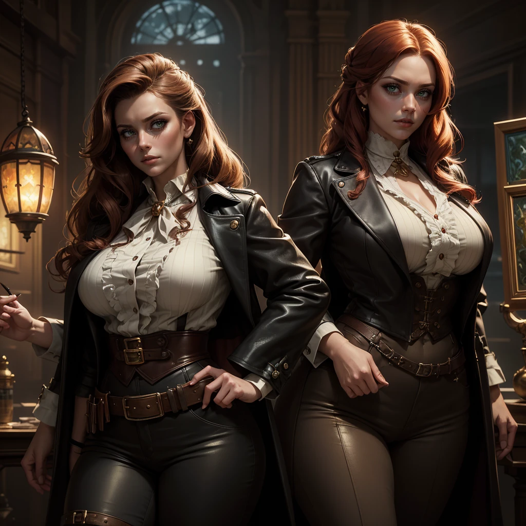 award winning full body photo of ((a steampunk pirate)) in a wild west saloon,(red hair),((smiling)),((hour glass figure)),((cleavage)), (huge breasts), ((corset with engrave in)), long coat,(time traveler weapon), ((steampunk weapon)), ((steampunk jewels)),(( accentuated booty)), western bar with many (gears) and (clocks), detailed intricate iris, (((detailed facial features))), (very detailed skin:1.2), (game concept:1.3), (depth of field:1.3), global illumination, backlighting, bloom, ((warm light)), sharp focus, photo realistic, detailed skin, background out of focus, cinematic composition , ultra-detailed, realistic , hyper-realistic , volumetric lighting, 8k, cinematic composition, trending on artstation, playboy style