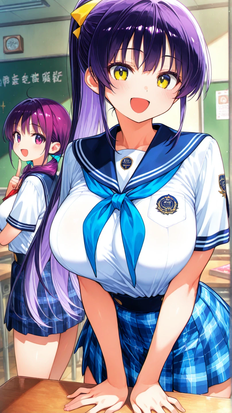 furuderika, long hair, purple eyes, blue hair, blunt bangs, , pink bow, skirt, , large breasts, , pink bow, skirt, live stage, nipple naked