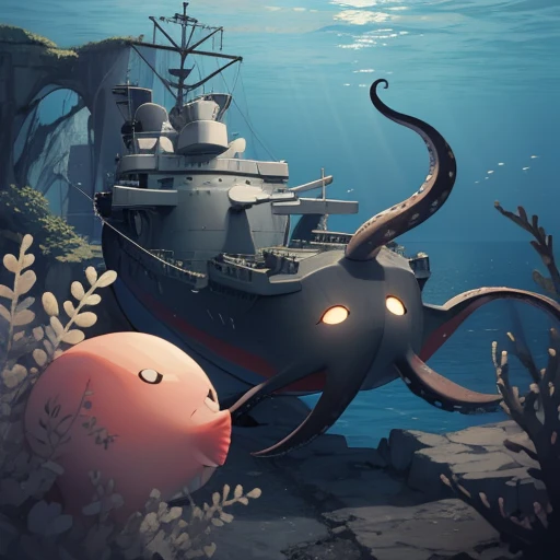 A kraken girl peeking out from the sea. She looks into the ship. wooden boat. Tentacles.