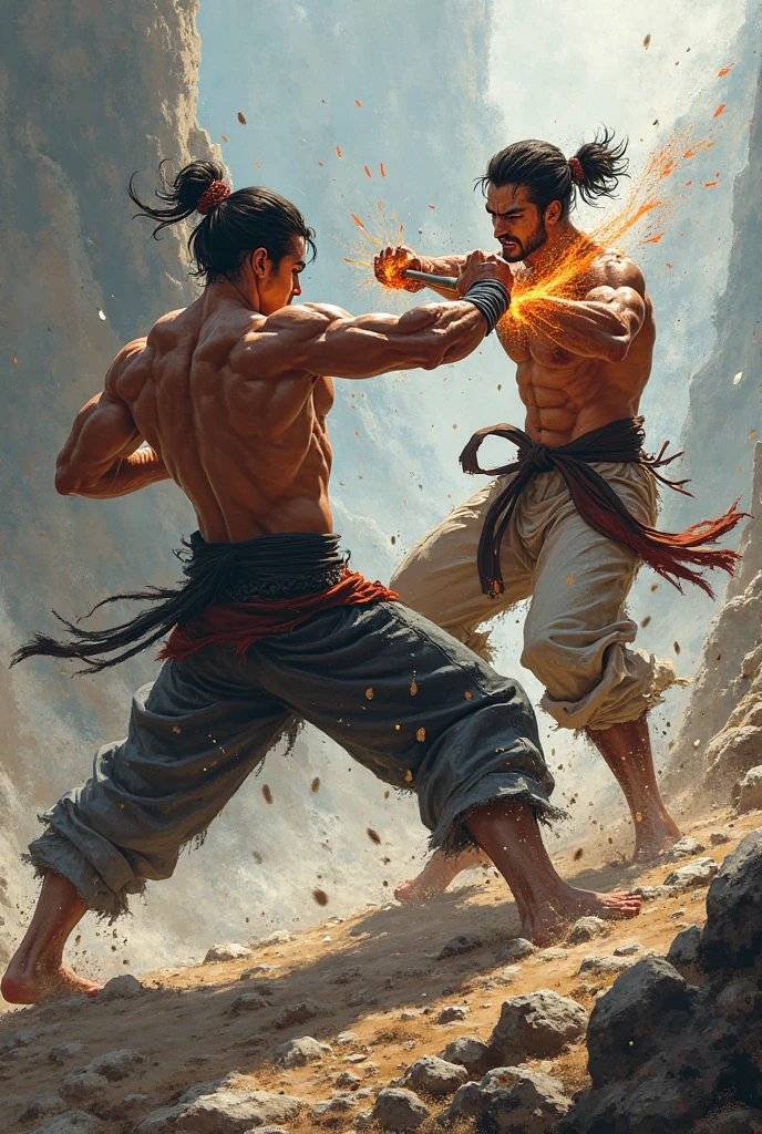 Imagine Itadori, with his determined and powerful expression, launching a direct punch to Sukuna's chest. Itadori is wearing his characteristic red jacket and is focused on his attack, While Sukuna, with his body covered in dark tattoos, is caught off guard by the blow. The scene is full of energy, with shockwaves and flashes of power around the impact, all in a dark and tense environment.