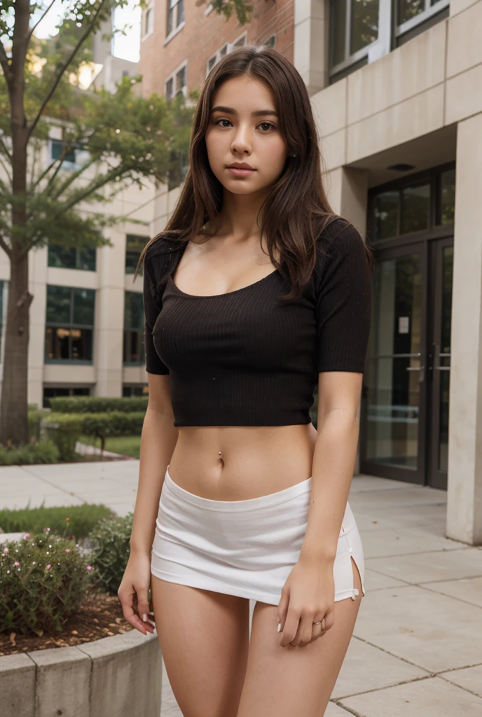 8k, RAW photo, best quality, ultra high resolution, (photorealistic), realistic photo of skinny brunette girl skater, (skinny brunette girl skater, most beautiful native american girl in the world, tanned skin, black hair, two ponytail hair, double ponytail hair), in the skaters park, skate, skating ramp, (full body picture), photo from the side, wearing black cap, (black cap), wearing black t-shirt, (black t-shirti), wearing black jeans miniskirt, (black jeans mini skirt), wearing white knee high socks with red strips, (white knee high socks with red strips), sexy pose, looking at viewer, dangerous face, bright day light, (extremely detailed CG unity 8k wallpaper), Sharp focus, (bright light)