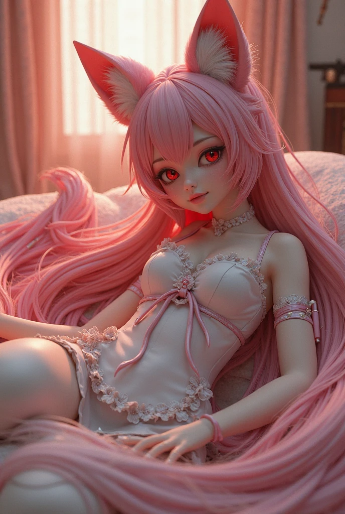 1girl,abelo rosa,vestida de fachineira,orelhas,olhos rosa,altura 1,6,corpo,anime, No quarto