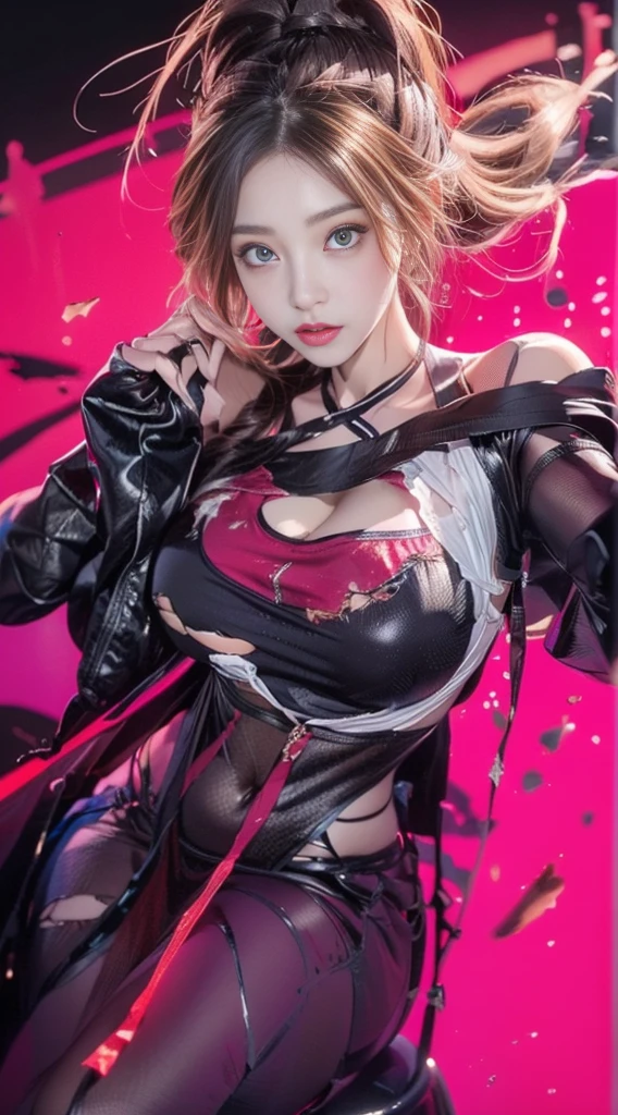 masterpiece, highest quality, (solo focus), (high detail:1.1), (hyper detailed eyes), dramatic, 1woman, (Pale skin), long blonde hair, (red irises), individual focus, Vampire, long hair, moon, night, Red luxury suit, pouty lips, castle, detailed background, art by artgerm, cinematic lighting, red roses, fashion