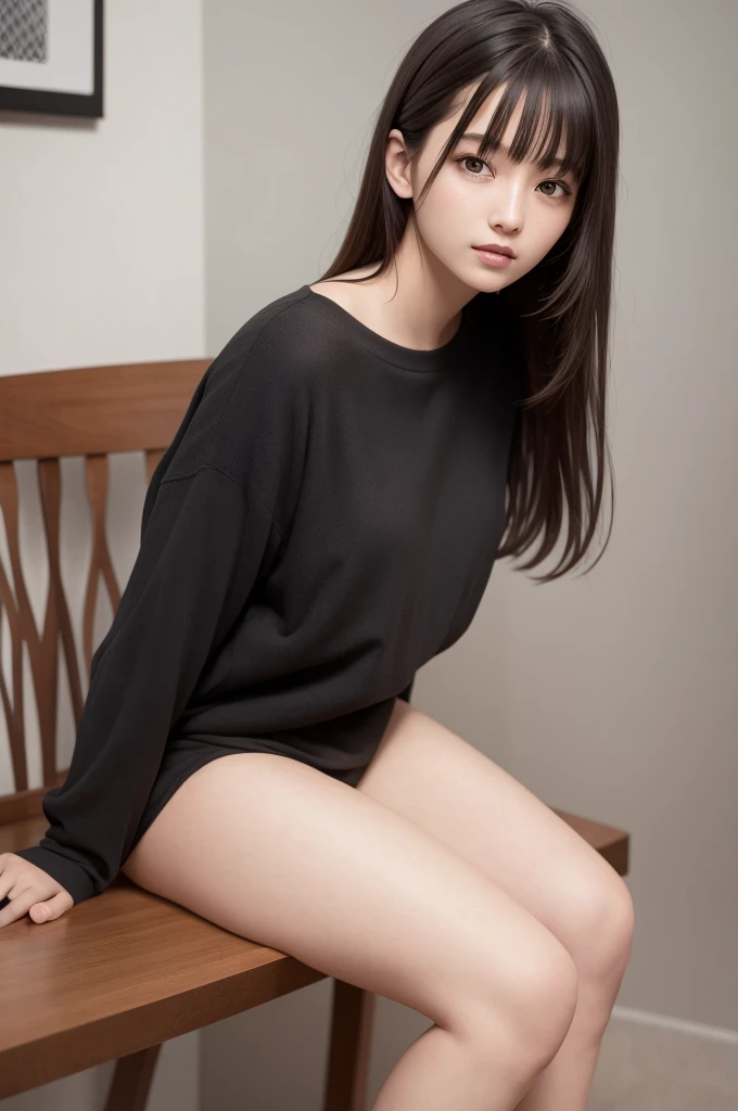 (best quality,high resolution,Beautiful detailed eyes,White lighting:1.2),red eyes, looking at viewer, long hair, black hair, long boots, black footwear, blush, sitting, long sleeves, bangs, parted lips, black hair, dress, knees up, brown hair, white skirt, frills, skirt,thighs, sidelocks,