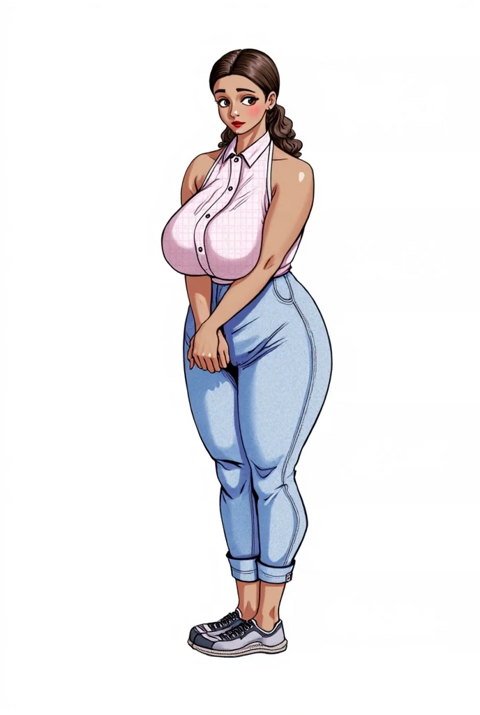 ((masterpiece)),(((best quality))),((character design sheet)), ((full body view)) ((native american girl)) mature face, defined cheekbones, high cheekbones, illustration, native girl, muscular, ((buckskins:1.4)), sexy bimbo, (gigantic breasts:1.7) black hair, ((detailed face:1.4)) beautiful woman, (native:1.4) (ribbon dresses:1.3) , shiny skin, scribbles and marks,(puffy lips:1.4) , rough sketches, pose, 8k,16k, (simple background, white background: 1.3) beige color palette, brown legs, brown arms, brown face