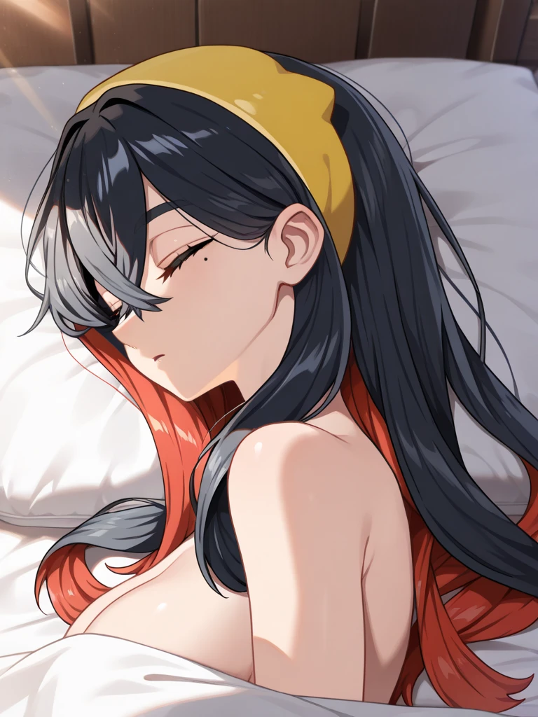 1girl, solo, pokemoncarmine, mole under eye, breast curtains, see-through, loincloth, harem outfit, medium breasts, nude
