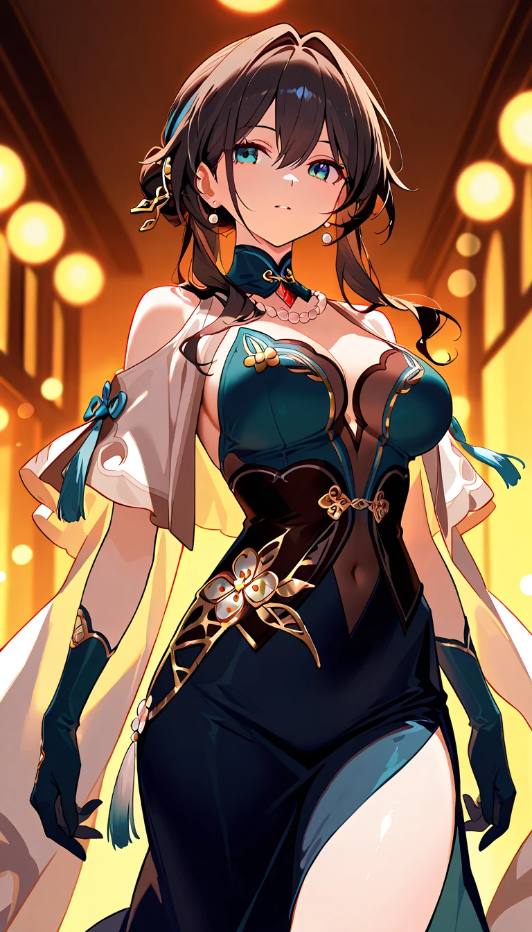 absurd res, high res, (masterpiece:1.4), ultra-detailed, girls, from front, space, floating, dark black kimono, dark green + black dress, black bra, light black hair, yellow eyes, hands out of frame, furry ears, slightly open kimono, fox ears, medium breasts, boobs, yellow eyes, kimono falling from shoulders, bare shoulders, bare legs