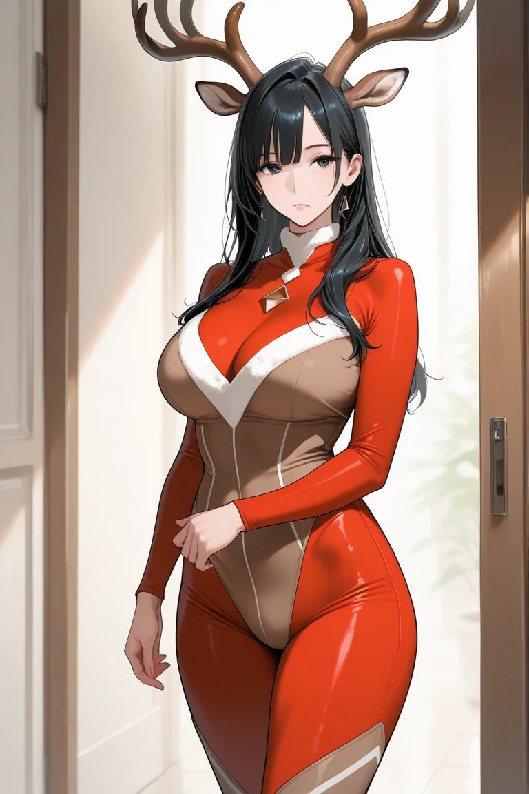 top-quality、Full limbs、complete fingers、Slender beauty、straight haired、Brown hair、(Red High Neck Long Sleeve Leotard:1.3)、(Brown pantyhose:1.3)、Beautiful Large Breasts、Luxurious living room、A big smile、is standing、sexypose