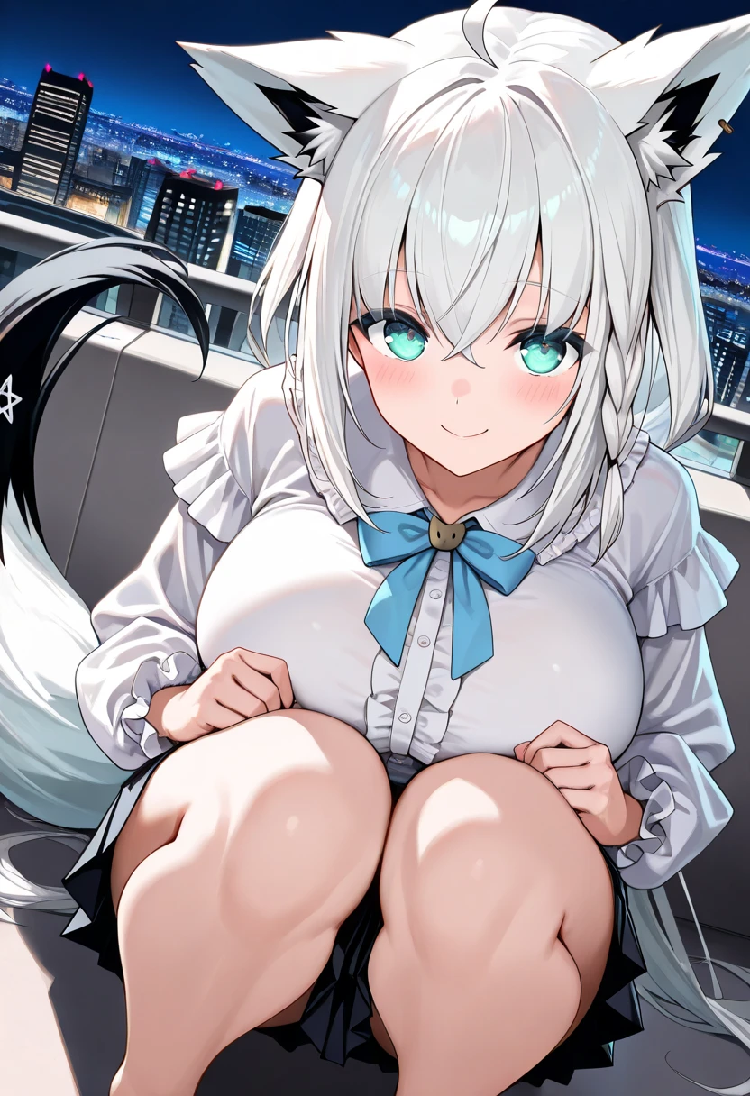 NSFW,masterpiece,Highest quality,High resolution,Super detailed,Shirakami Fubuki\(Hololive\),Gray Hair、One-sided braid、Ahoge、Earrings,Fox ears,Fox tail,Normal chest,nurse,Pink Nurse Uniform,Nurse cap,Stethoscope,Embarrassed,blush,Expecting face,Bewitching Smile,Sexy look,Hospital at night,Examination room,desk,pc,Chair,(Seduce),Cleavage,examine,Chairに座っている,Massage the breasts