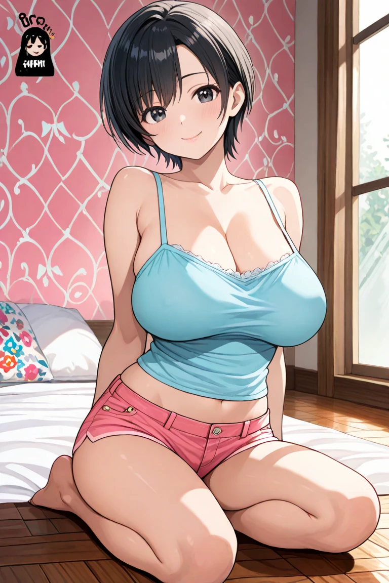 (masterpiece, best quality), intricate details, 1girl, komi shuuko, white shirt, red bra, love hotel, seductive smile,cleavage, sweaty,