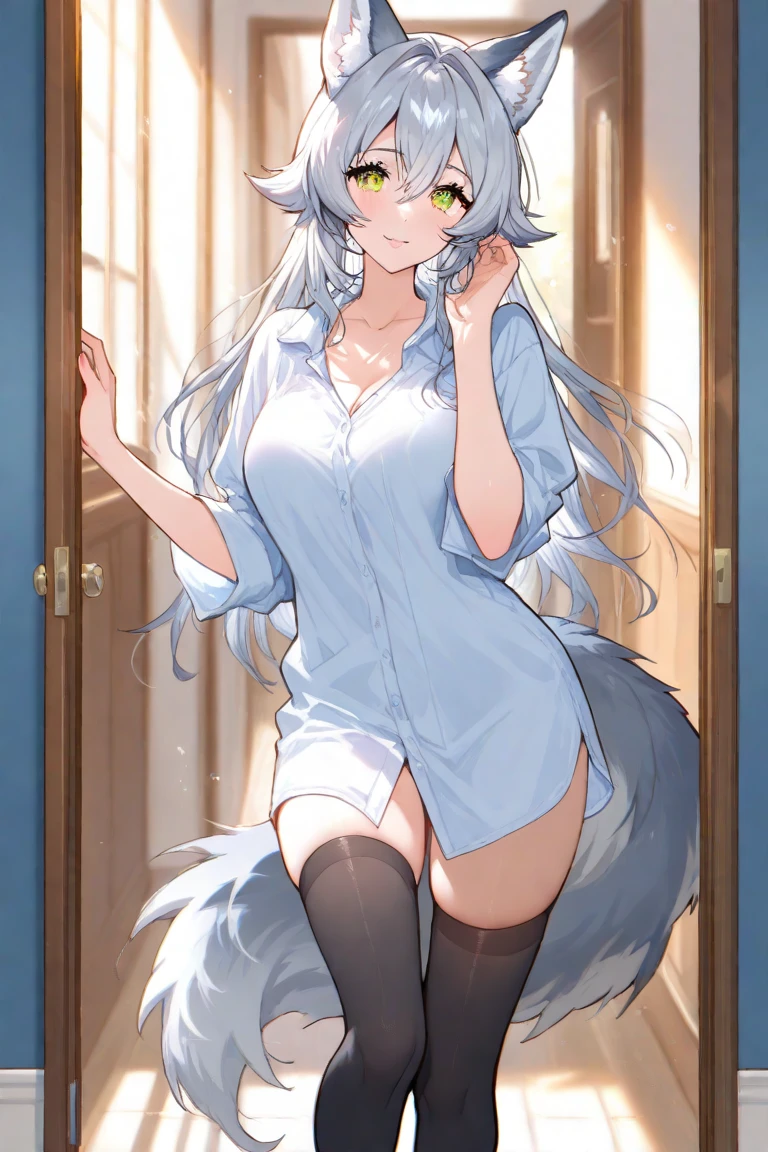 Manga style woman dress with only a large white botton shirt with a fluffy blue animal tail between her legs lightly opened
