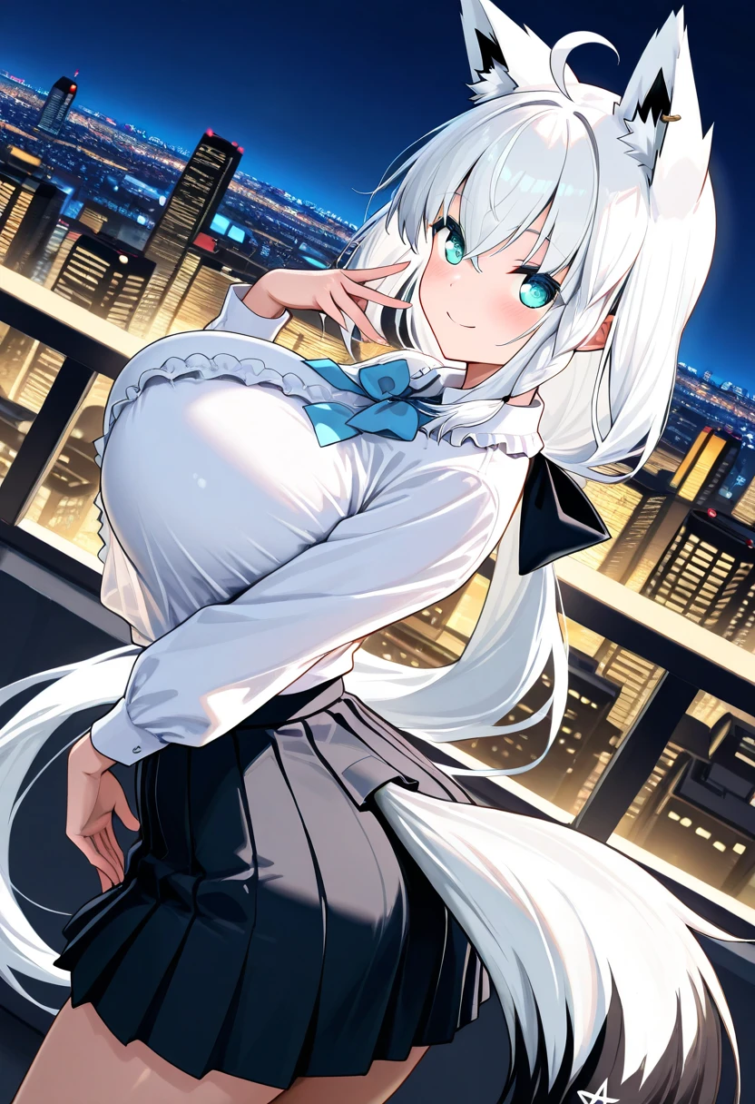 ((Best Quality, 8K, Best Masterpiece)) Anime characters with long gray hair and blue eyes, Anime visuals of young women, Today's featured anime stills, God of White Hair, official art, cute girl anime visuals, Popular isekai anime, Tsuaii, Marisa Kirigami, Anime movies, TV anime still, Isekai, Hestia, Albedo of Anime Overlord Transparency Blue small ribbon mini skirt sexy in hair