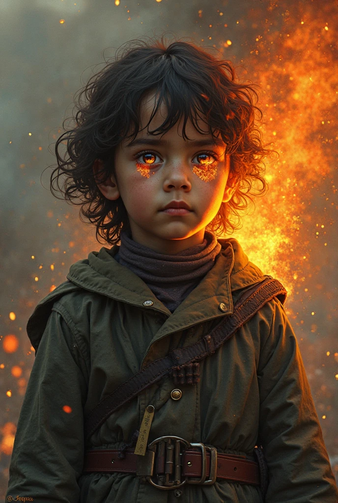 Drawing, realistic fantasy, detail, high detail, dynamic movement, Portrait of a 10-year-old guy, light gray hair, yellow eyes, (beautiful: 1.3) pensive facial expression, thin body, evoking magical energy, shot cinematically in Canon 5D ultra-realistic skin, Fabian Perez Henry Asensio, Jeremy Mann Mark Simonetti fantasy magical horror atmosphere, (highly detailed environment:1.3), (breathing fire, flame))) --auto --s2