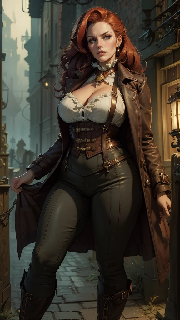 Female pirate, white silk shirt, deep v neck, cleavage, laced leather pants, full body shot