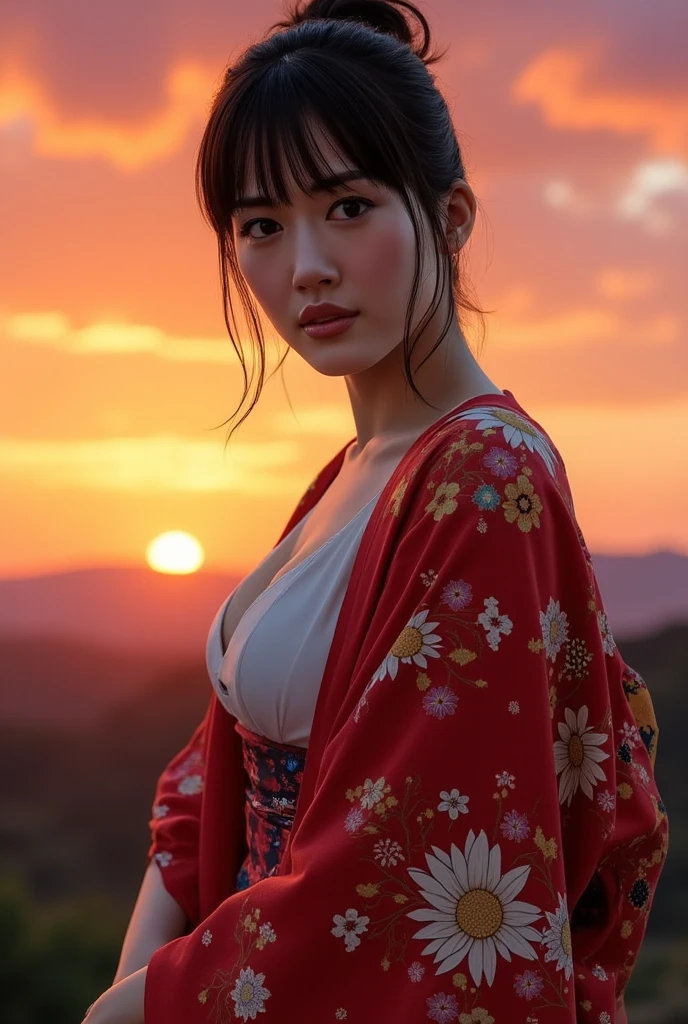 A Japanese woman with her breasts out as a volcano erupts