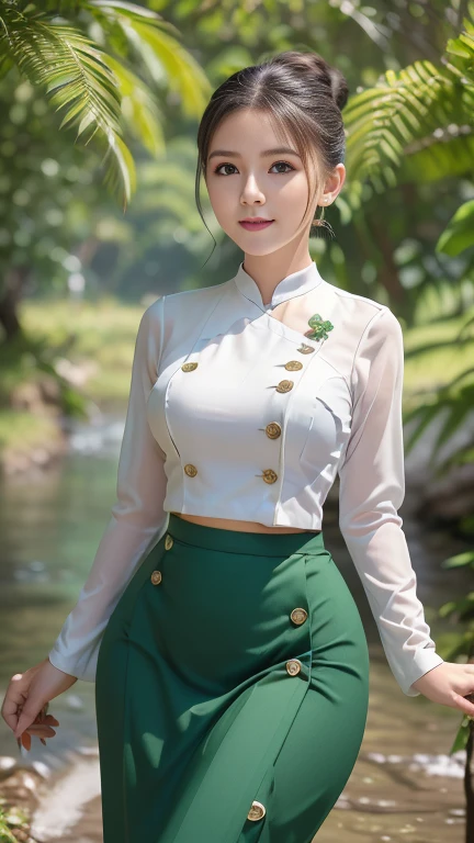 Burmese girl with attractive curvy full body. Friends full-length bikini, (green dress) reflective long dress painted with flower patterns, only dress. hi gh hips High resolution High resolution natural background High resolution HD 3D, 8K cartoon anime