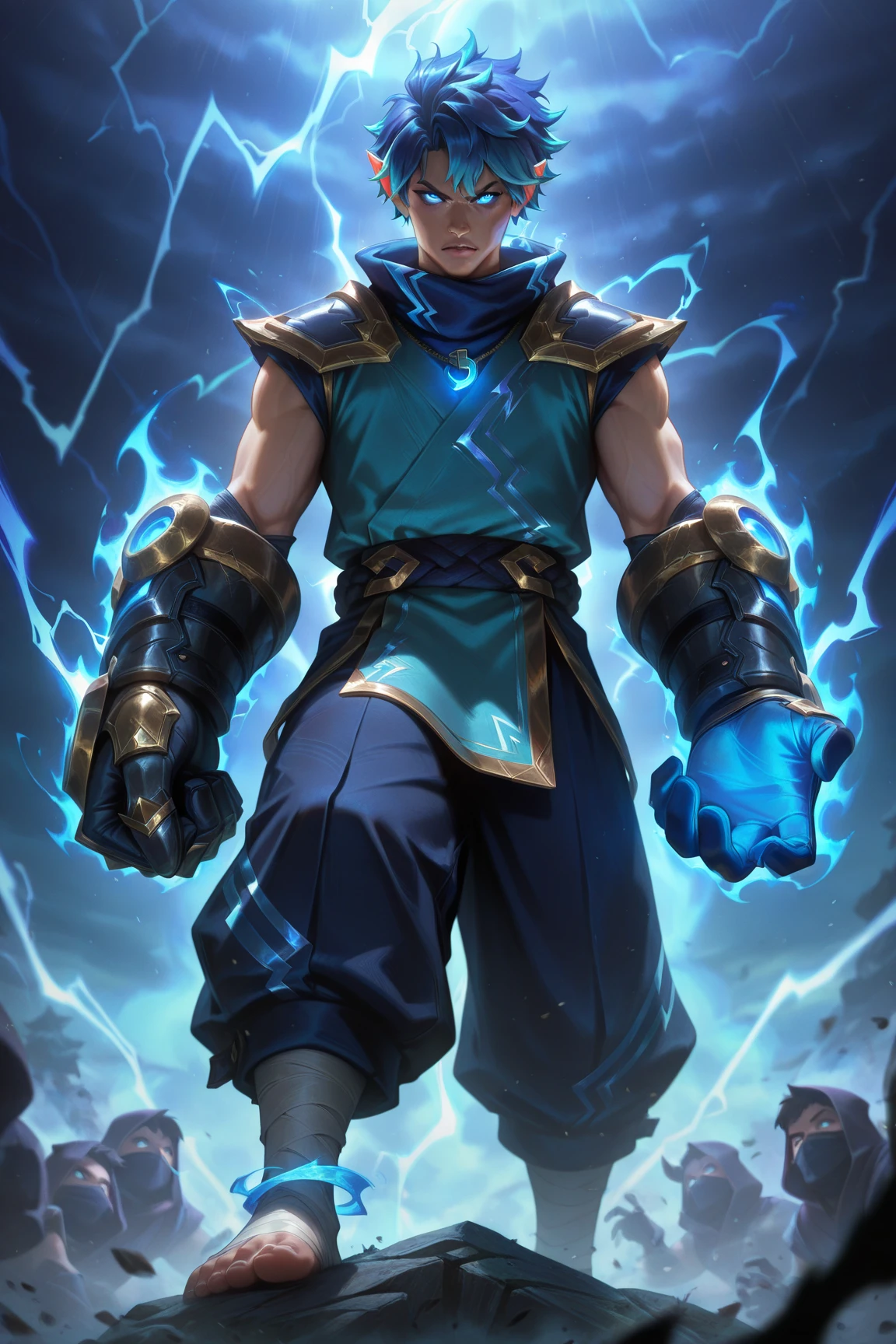 Handsome, 25 years old, Asian, master work, best picture quality, higher quality, high detail, super high resolution, (realistic: 1.4) 8k resolution, delicate facial features, boys, big muscles, tattoos, glowing eyes, short hair, white hair, hair details, (full body: 0.6), detailed background , [[look away, look to the side, emphasize homosexuality and pay attention to every detail , open Hanfu transparent tulle jacket, white rubber pants, circling dragon, Chinese garden background (crotch bulge), The body is full of thunder and lightning, (((((blue thunder)))) blue thunderbolt, fa gong, wind and thunder art, Chinese kung fu, fingerless gloves, wristbands, dragon theme costumes, monk robes, spinning floating particles, dynamic composition, heavy rain background, very many thunder and lightning flashing, night black background