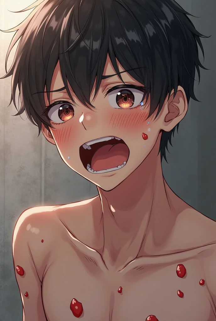 (modern):1 close-up:1 head, shirou Ogami, male, adult, solo, skinny:1.2, slim:1.4 build, athletic:1, correct anatomy, tail, skinny:1.9, bare chest, thick black collar over neck, grumpy, exhausted, open mouth (steaming breath:1.2, drooling, dripping saliva, thick drool) tongue sticking out, sweat:1.4, bruises:1.4, in pain, grumpy, sad, lying down, collapsed, defeat, gym background, (masterpiece:1.2), epic, natural lighting, (by takemoto arashi, by meesh, by Taran Fiddler) blushing face,cum on body and face, wearing boxers shorts,medium bulge, very cramped , giant size , macro, head touching ceiling,fullbody xl feet Feet_focus