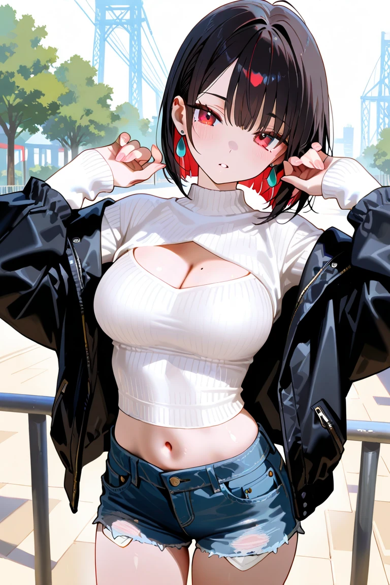 crop top, Oppai, 1 fille dans, Seulement, Seulement Focus, Tir de cow-boy, portrait, oversize hoodie, sweat à capuche, cheveux brun, ((yeux roses)), Ultra detailed eyes, emploi, (Peau noire caramel:1.1), best quality, Ultra-detailed, fond blanc, fond simple，culotte blanche、