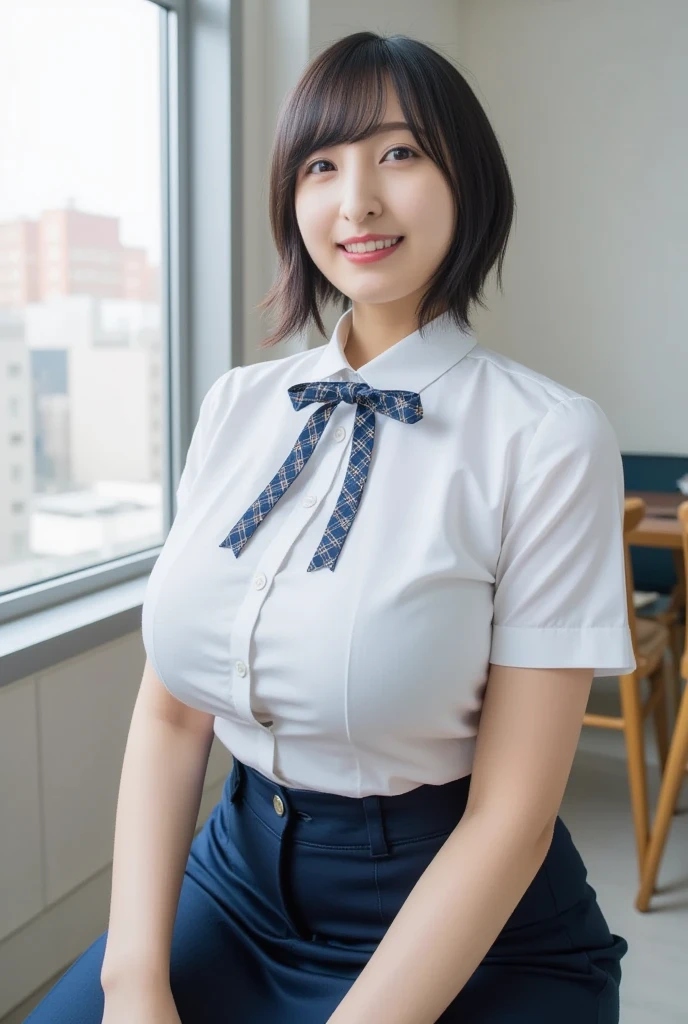 highest quality, masterpiece, Ultra-high resolution, (Reality: 1.4), Original photo, 1 woman, mature, happy smile, short hair, plump body, sagging breasts, Cinema Lighting, from below, Schoolgirl uniform, White short sleeve shirt, sunset, cowboy shot、High school girls after school,