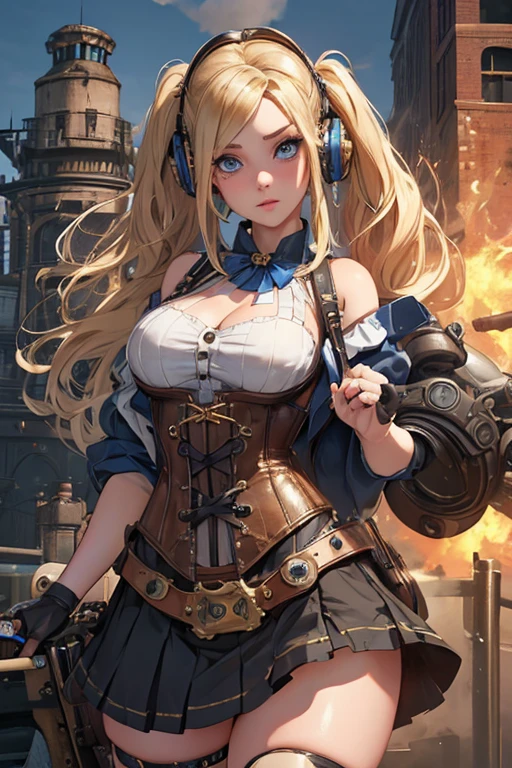 masterpiece, high resolution, best quality, uhd, super detail, award-winning, retina, 16k, (detailed background), (steampunk), cloudy sky, sunlight, 1 girl,upper body,blonde ,turquoise eyes, goddess,tight clothes,small breasts, lower abdomen,(floating), (distant)
