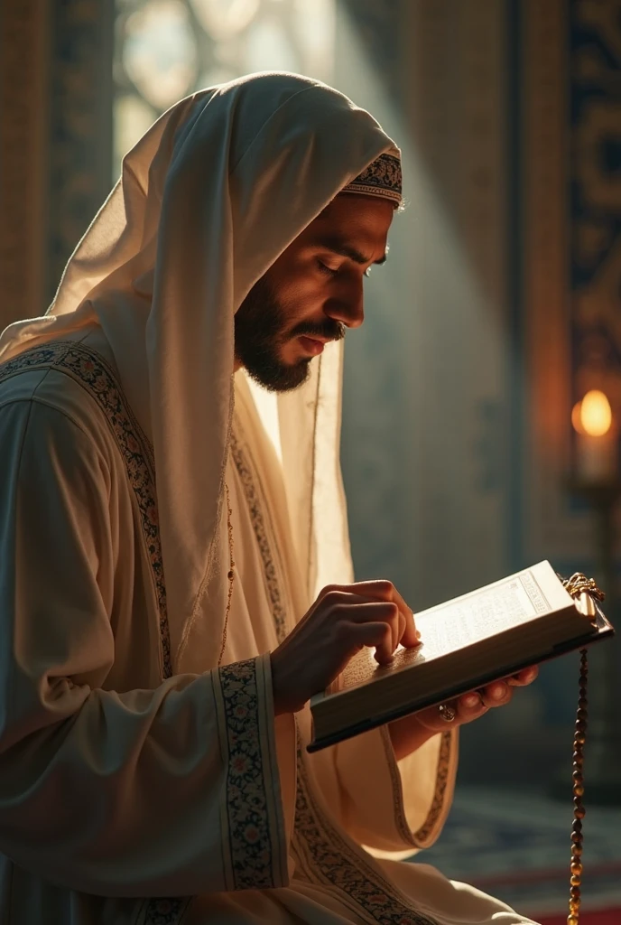 1. RAW, Best quality, high resolution, masterpiece: 1.3), Devout man in prayer shawl (kufs), Best quality, high resolution, Masterpiece: 1.3, Devout man in tzitzit (fringes), Masterpiece, Deep concentration, Realistic, 1man, loving gaze, radiant eyes, bowed head, humbled posture, prayer beads in hand, detailed robe, intricate embroidery,synagogue interior, ancient torah scroll, candlelight, traditional menorah, tear-filled eyes, intense focus, prayer book, heartfelt supplication, fervent devotion, in the presence of