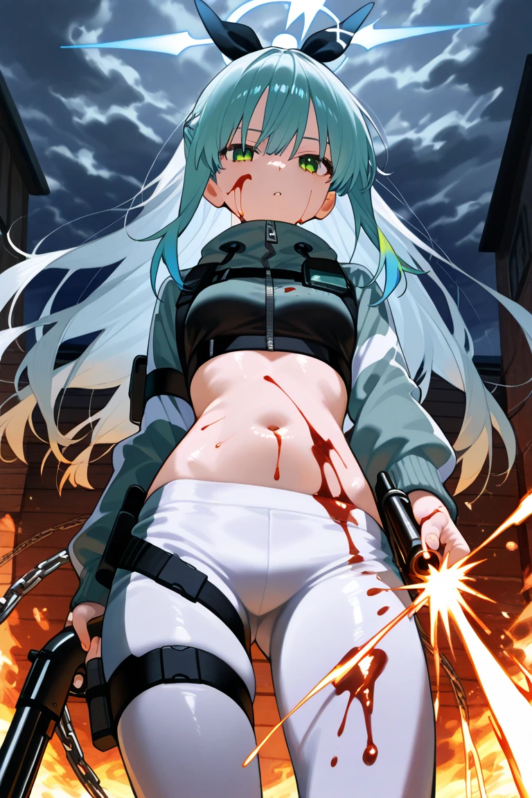 ((masterpiece,Highest quality:1.3)),cowboy shot,1woman、30 year old beauty、Investigator、独奏,(very small head:1.3),green hair,(low ponytail),long hair,blunt bangs,green eyes,gorgeous eyes,tears、anger、open mouth,drooling,medium breasts,(very long body:1.2),(toned body,slender body,skinny),gleaming skin,shiny skin,oily skin,((Injury:1.4)),naked,nipples,navel、vagina,(A precisely rendered handgun in one hand)、(((Shoot a gun))),((The mechanical tentacles are torn off by gunfire))、Inside an abandoned building、rubble、World of Blade Runner、nsfw,